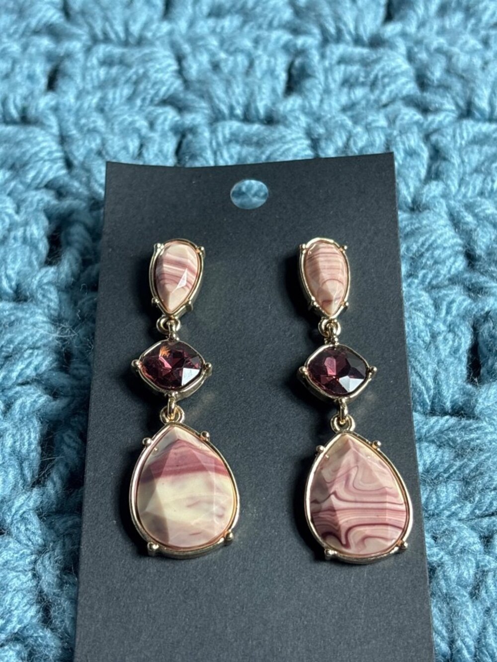 Purple Cream Marbled Rhinestone Dangle Earrings Goldtone 2 inches